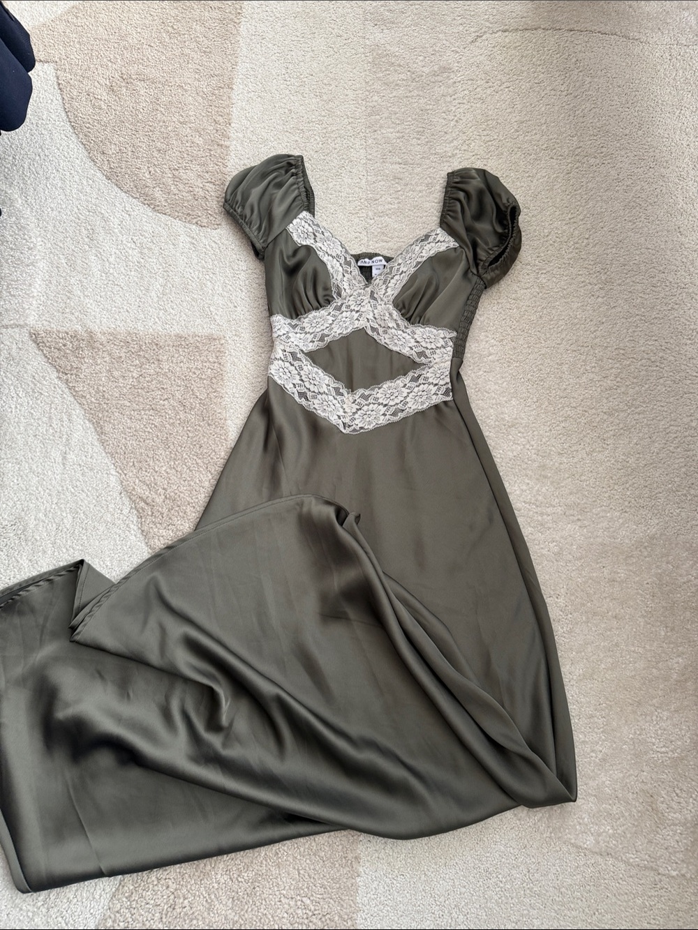 Olive Green Lace-Trim Satin Dress